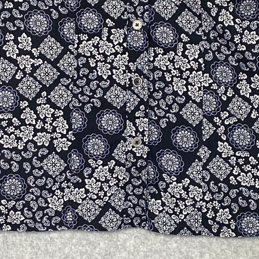 Karen Scott Top Womens Medium Navy Paisley Roll Tab Sleeve Button Up Shirt Boho