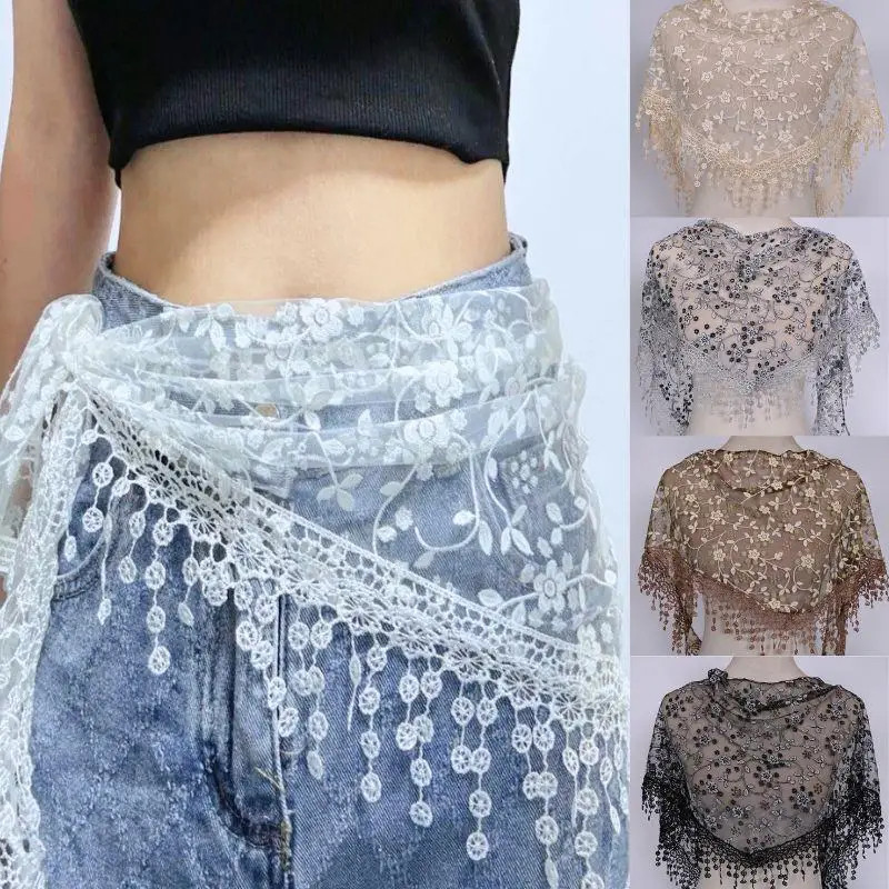 Women Tassel Triangle Scarf Embroidered Lace Floral Shawl Veil Wrap