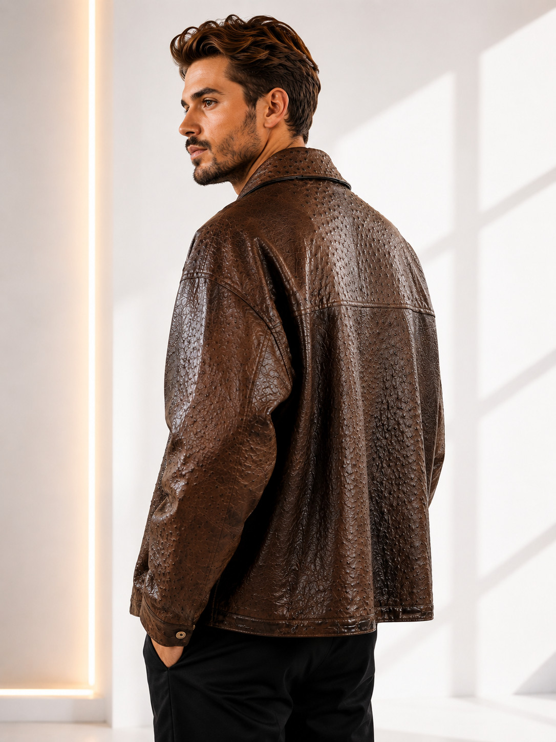 Premium Embossed Leather Jacket Croc & Ostrich Texture Handmade Vintage Style