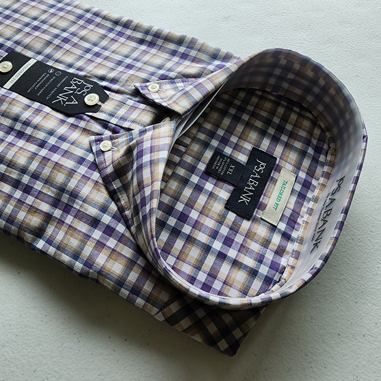XXL Purple Shirt Plaid Checked Beige White Mens Jos A Bank New Tailored Fit Size