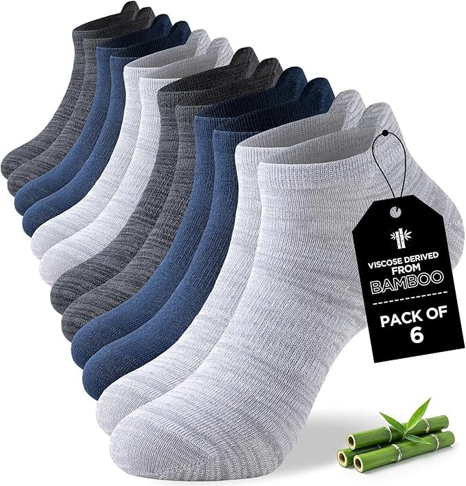 Mens Bamboo Ankle Socks with Heel Tab Low Cut Thin Athletic Performance 6 pairs