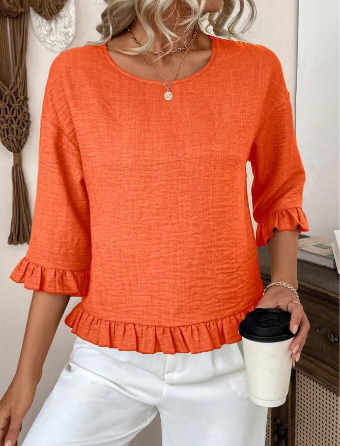 Round Neck Ruffle Sleeve Loose Casual Blouse Top