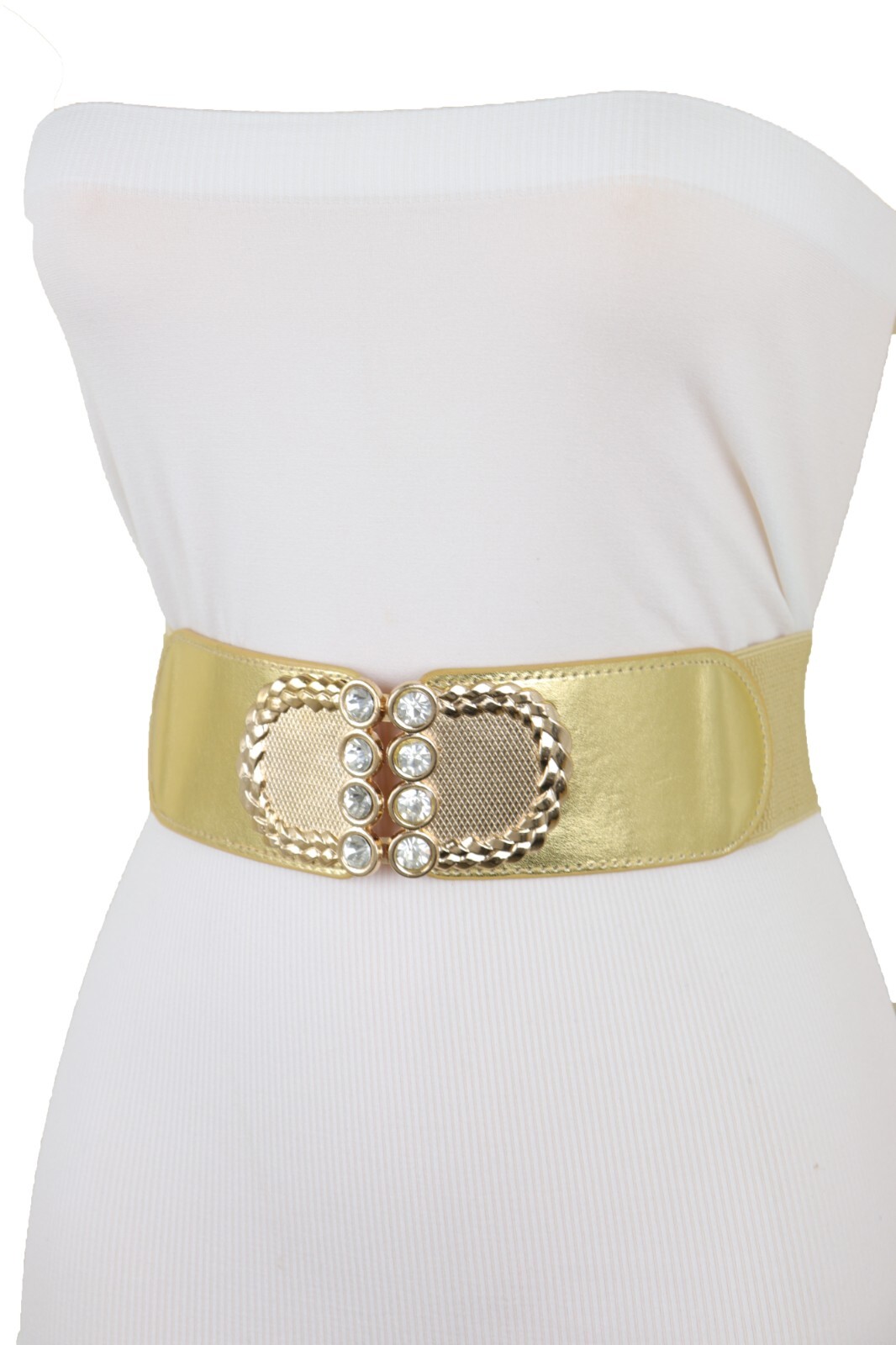 Women Gold Color Elastic Waistband Fabric Strap Fashion Belt Metal Buckle S M