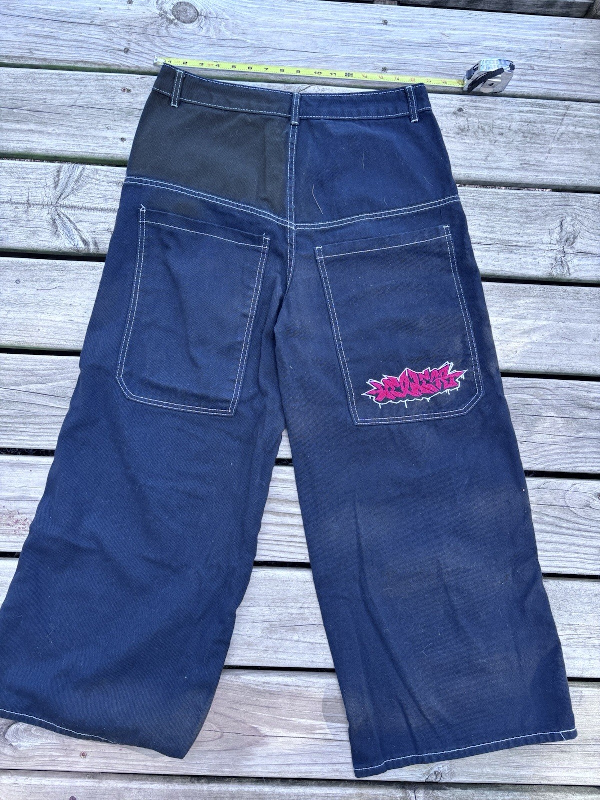 Men’s Dark Wash Blue Denim Wide-Leg Jeans Button Fly Embroidered 5-Pocket