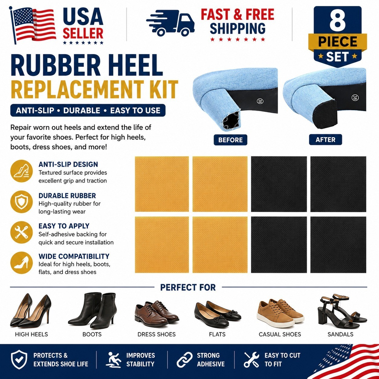 8PCS Rubber Heel Replacement Shoe Repair Kit Anti-Slip Heels High Heels Boots