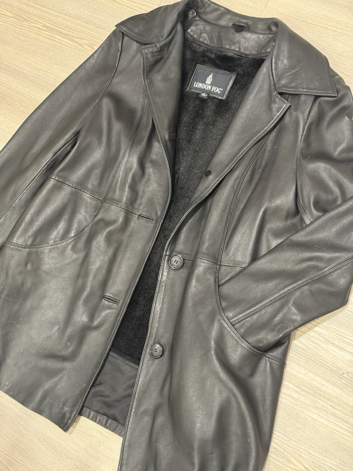 London Fog Women’s well-tailored Black Leather Long Overcoat Lined Size L Y2K
