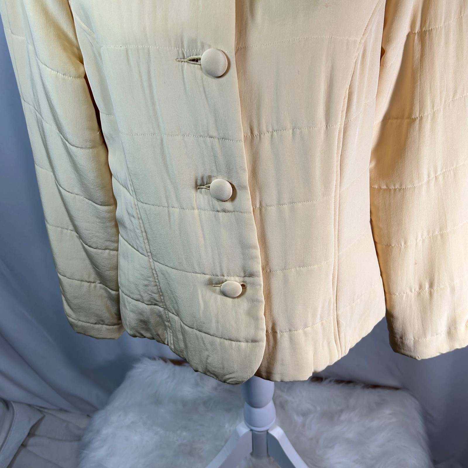 Puff Quilted Jacket Soft Pastel Yellow Button Front Collarless Womens