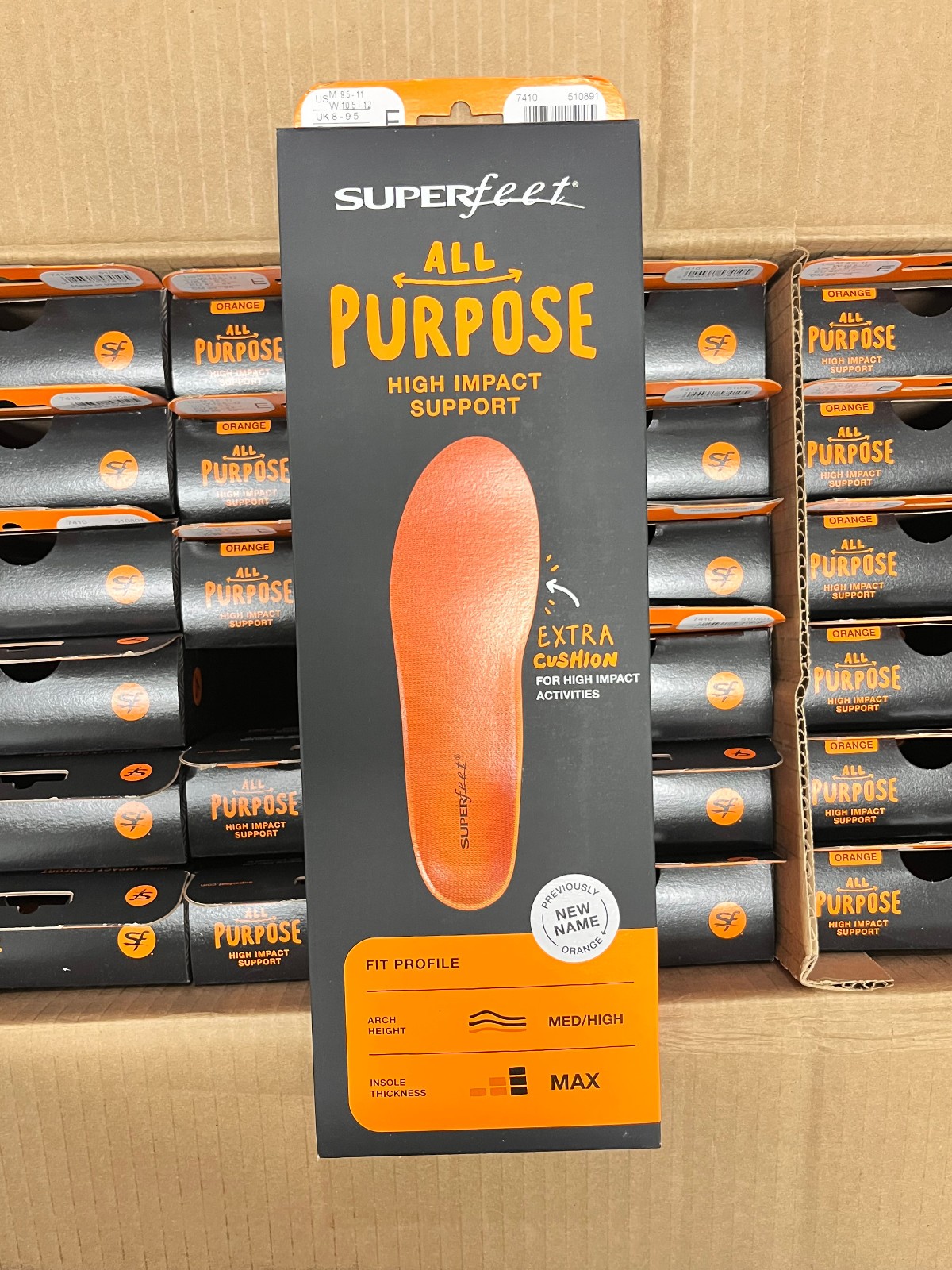 Superfeet All Purpose High Impact Support Insoles Orange Full Size Size E Box