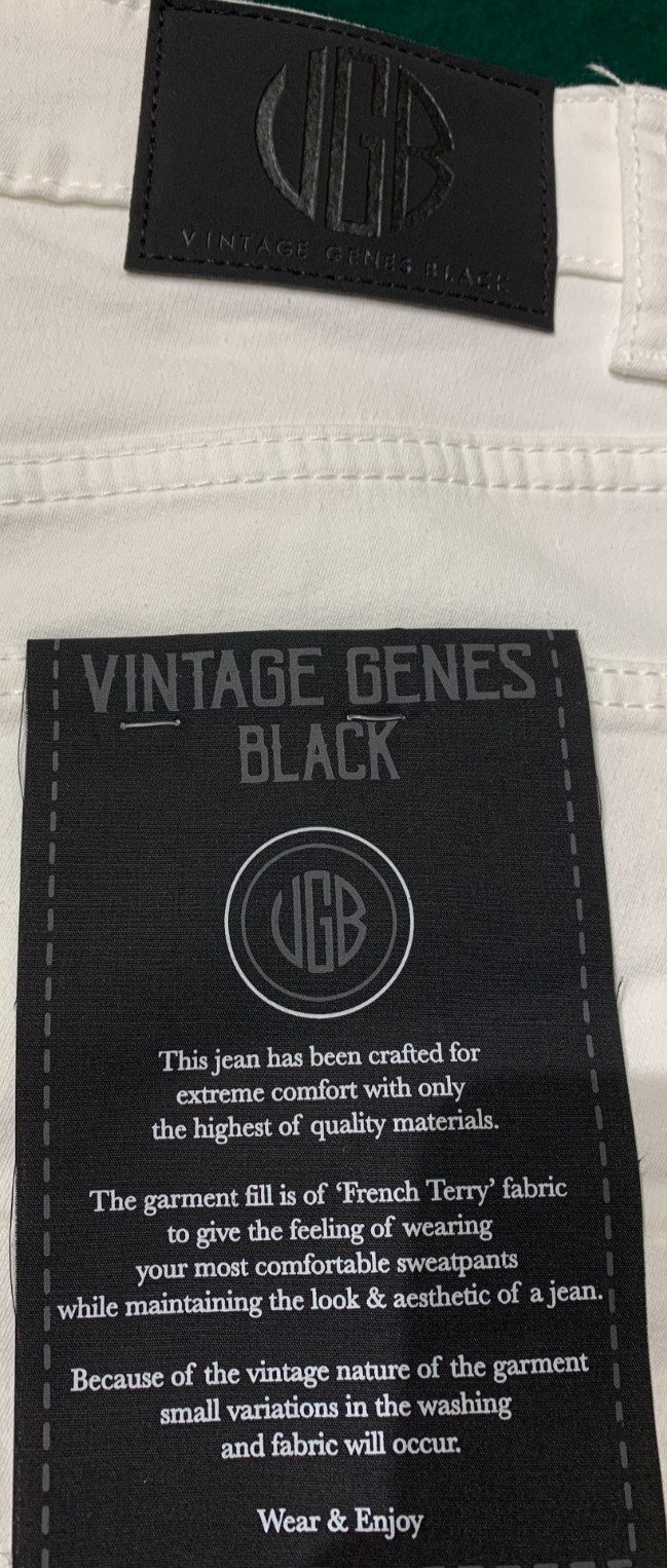 VGB Vintage Genes Black Mens Slim Fit Comfort French Terry Denim White Jeans