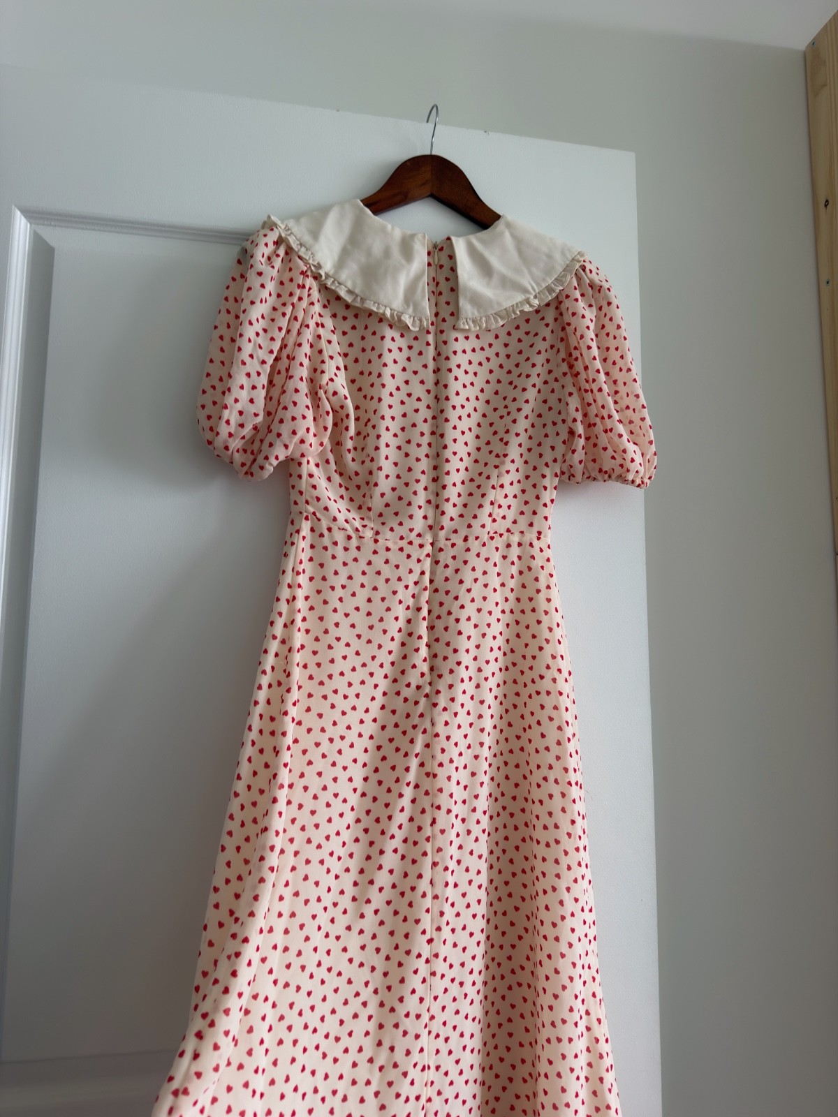 LIME Women’s Heart Print Midi Dress XS Peter Pan Collar Puff Sleeve Cottagecore