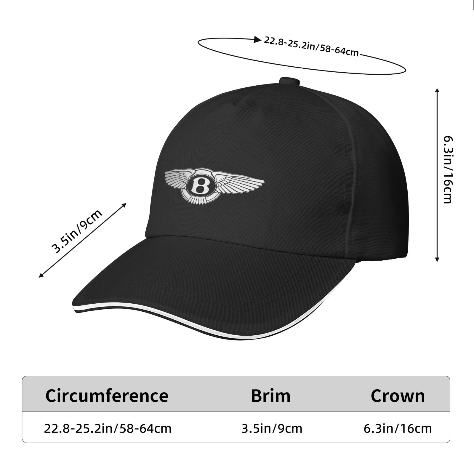 Bentley Sun Hat Classic Adjustable Sports Style Baseball Cap Golf Hat Black