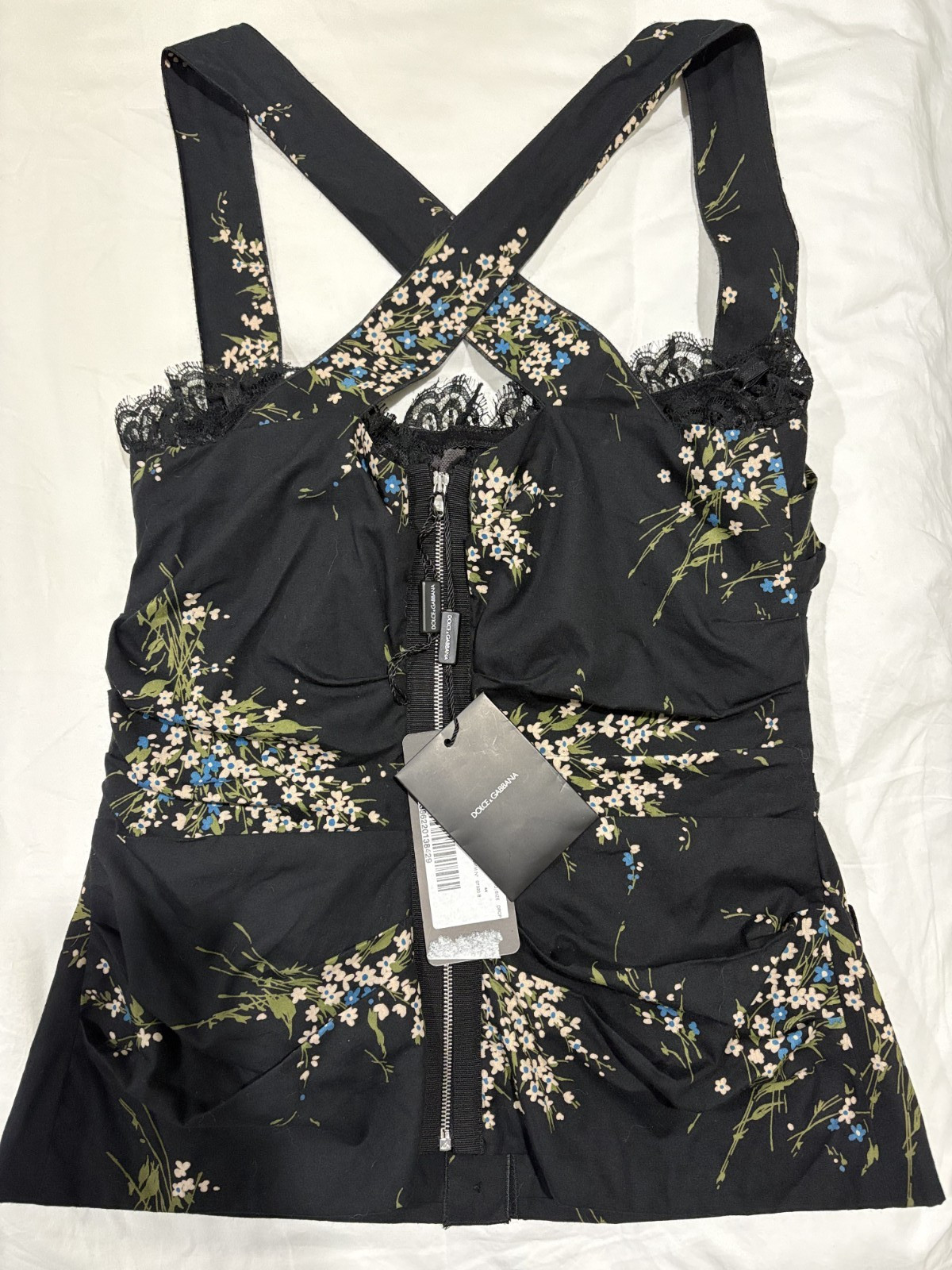 BNWT Dolce & Gabbana Black Floral Print Cross Back Lace Trim Corset – Size IT 44