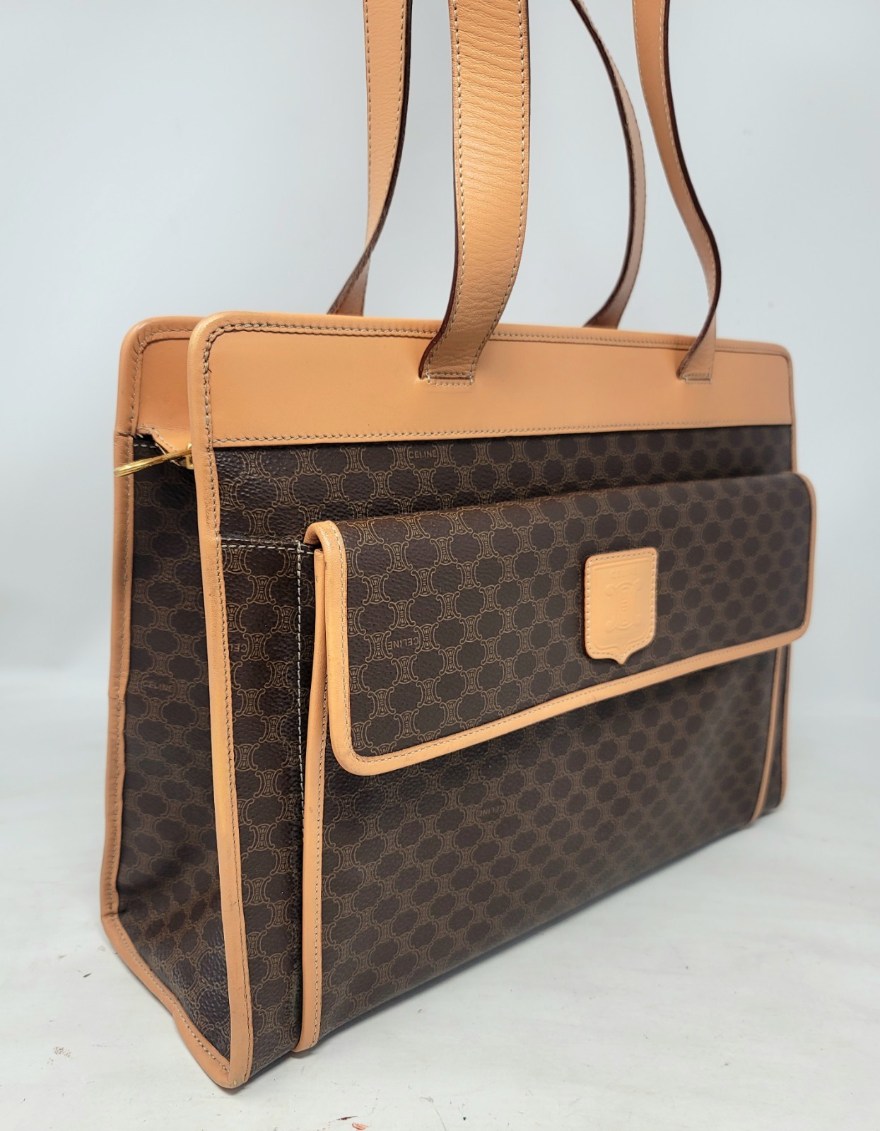 Celine Triomphe Brown Canvas Leather Large Shoulder Hand Bag Authentic Vintage