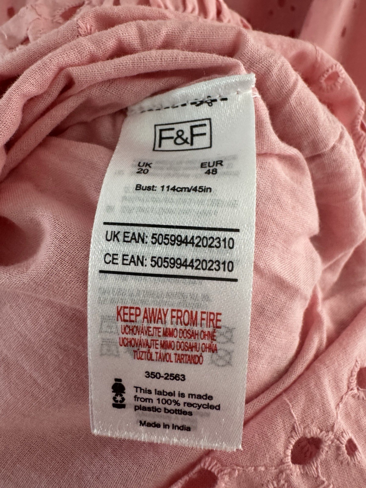 F&F Pink Broderie Anglaise Summer Dress UK 20 Puff Sleeve Cotton Off Shoulder