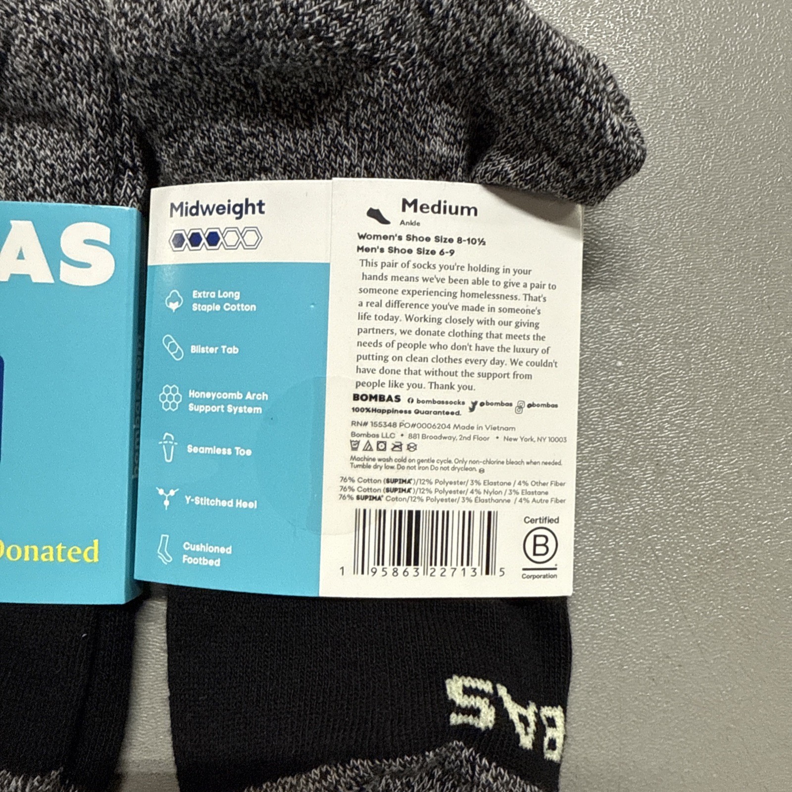 4 Pack Bombas All-Purpose Ankle Socks – Women’s Medium – Black /Grey