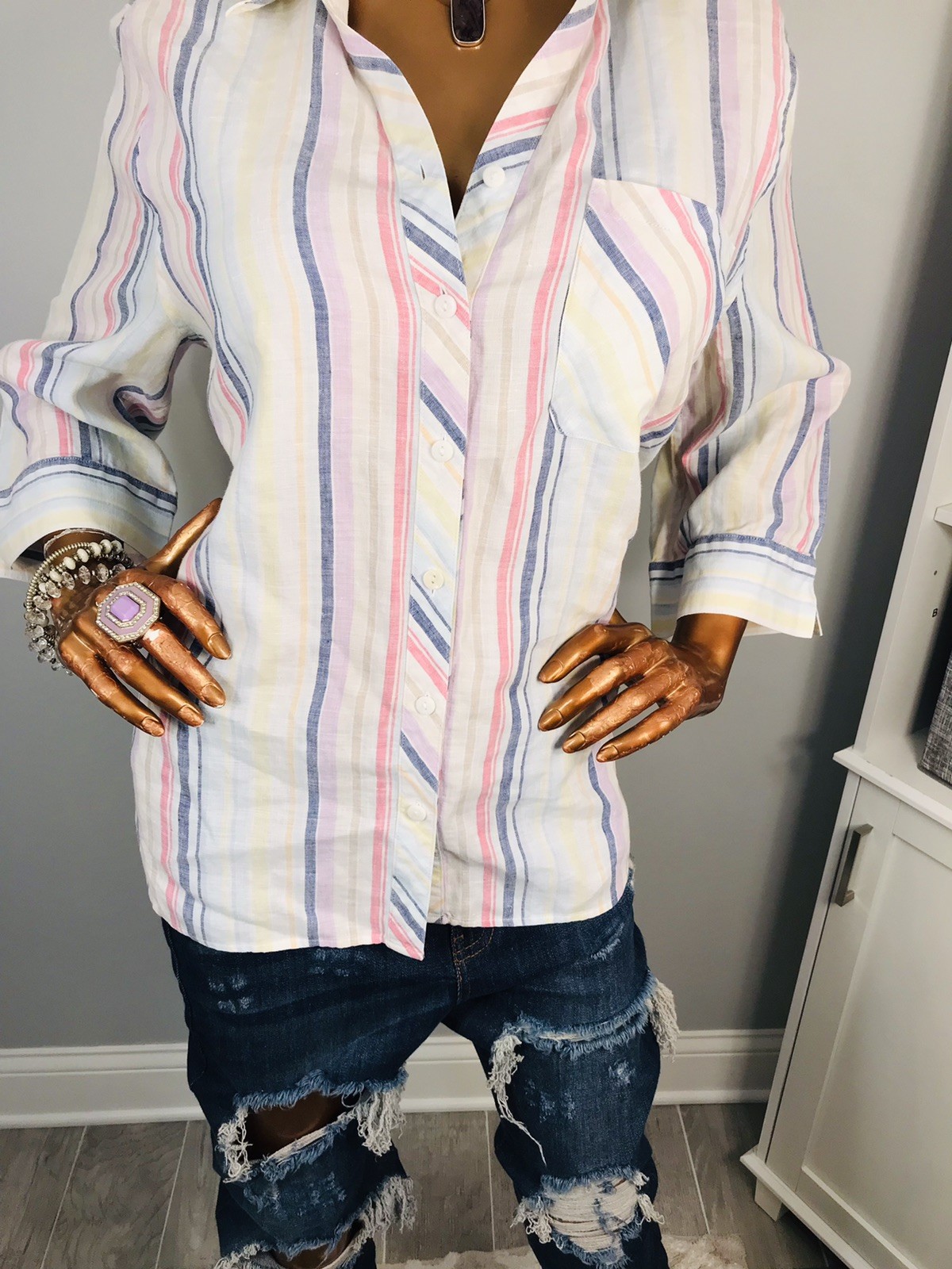 Chico’s 3 or XL Top Striped Soft 100% Linen Button Up Shirt 3/4 Sleeves Low Cut