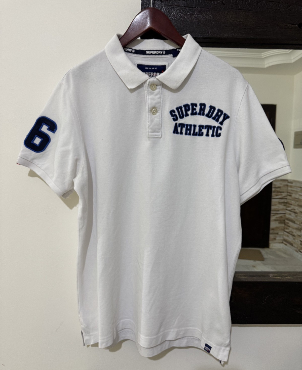Superdry Premium Athletic Polo Shirt Men XXL Fits L/XL White Distressed Varsity