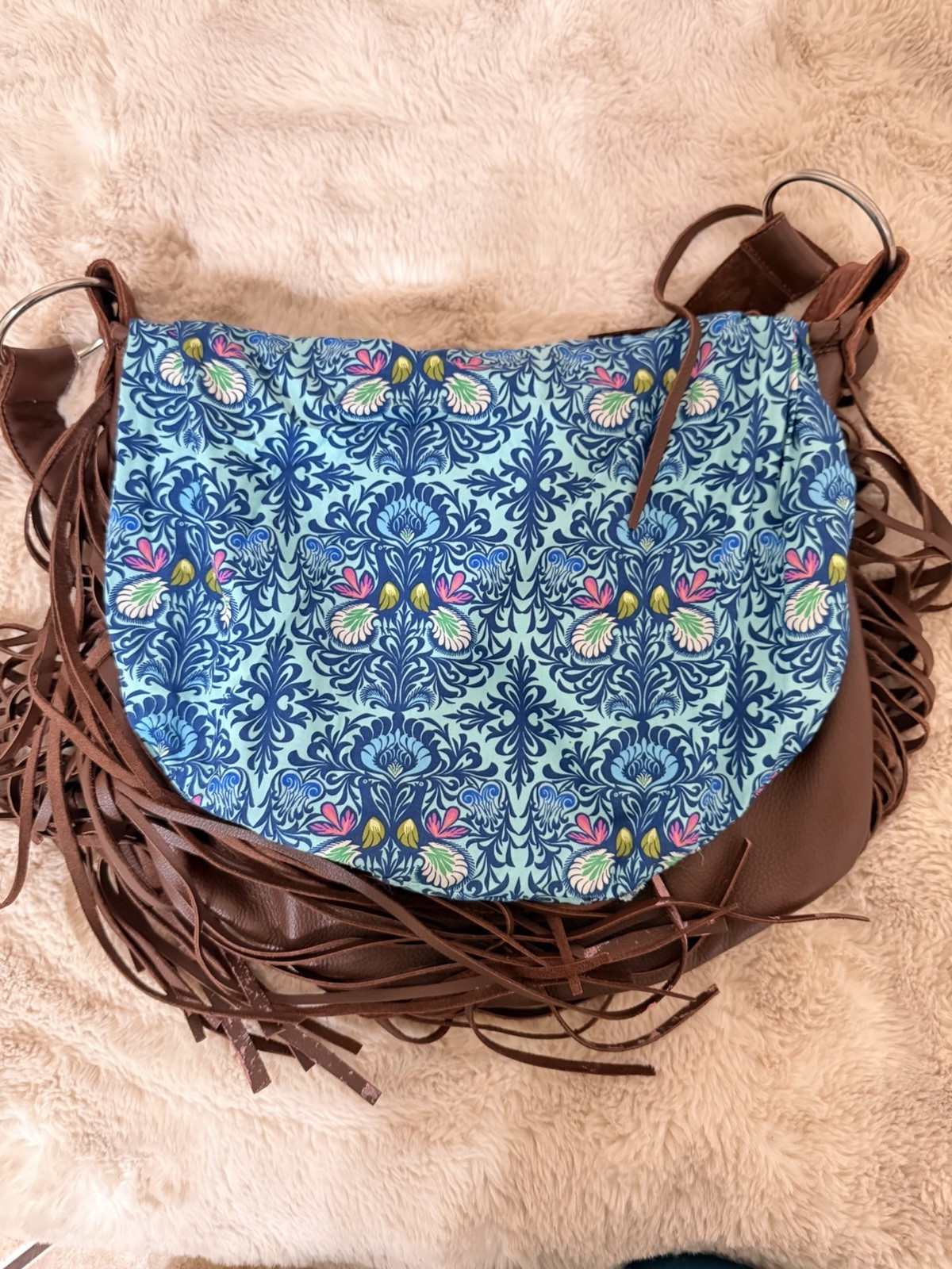 Brown Fringe Hobo Shoulder Bag Turquoise/Blue Paisley Flap Zip, Pouch