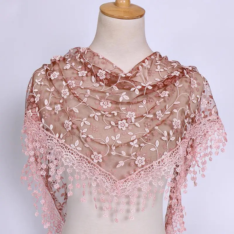 Women Tassel Triangle Scarf Embroidered Lace Floral Shawl Veil Wrap