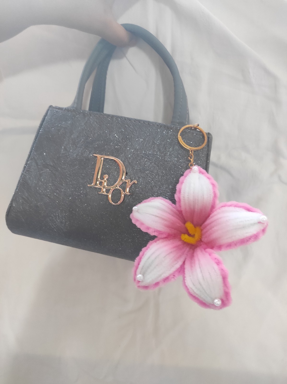 ​Handmade Pink Flower Bag Charm – Artisan Floral Keychain – Unique Handcrafted A