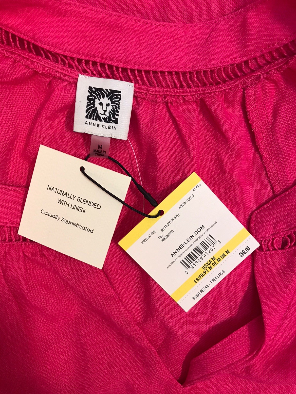 Anne Klein M Top NWT $89 Linen Blouse Pink Crochet Low V Cut Sexy Shirt 3/4 Slvs