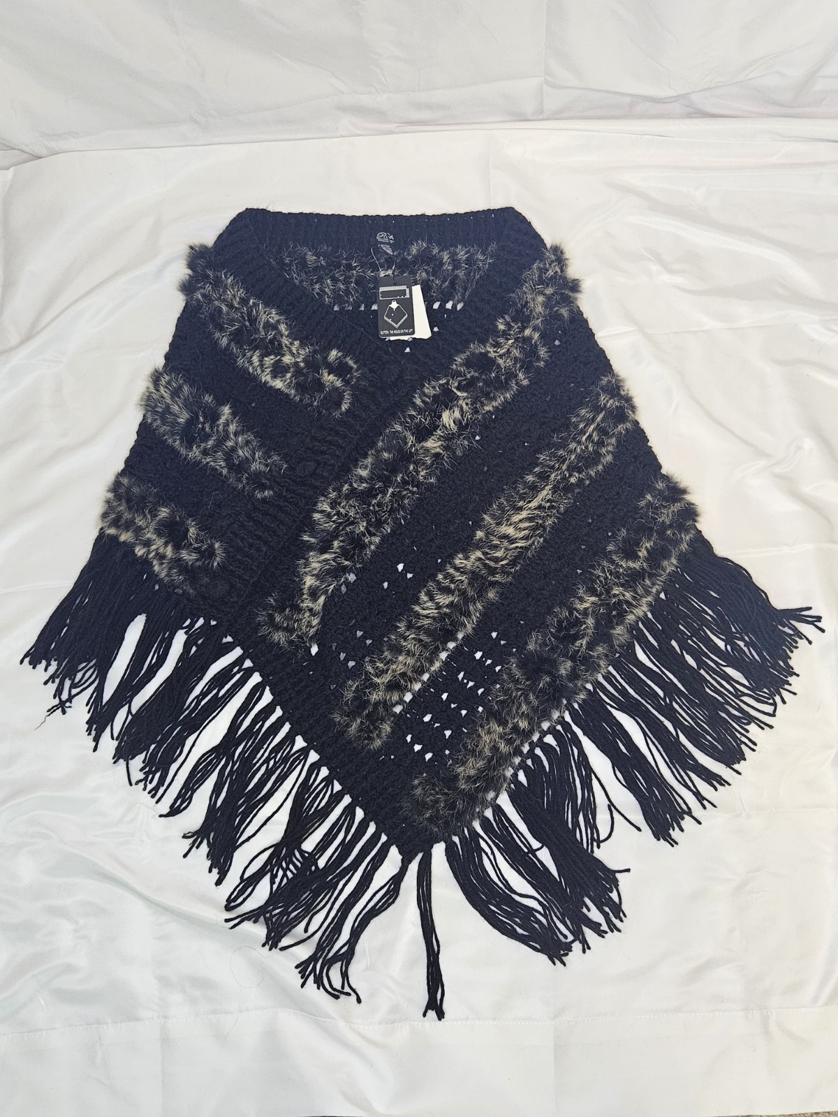 Roffe Black/Gray Striped Knit Shawl Wrap Fringe Fur Trim Button Closure