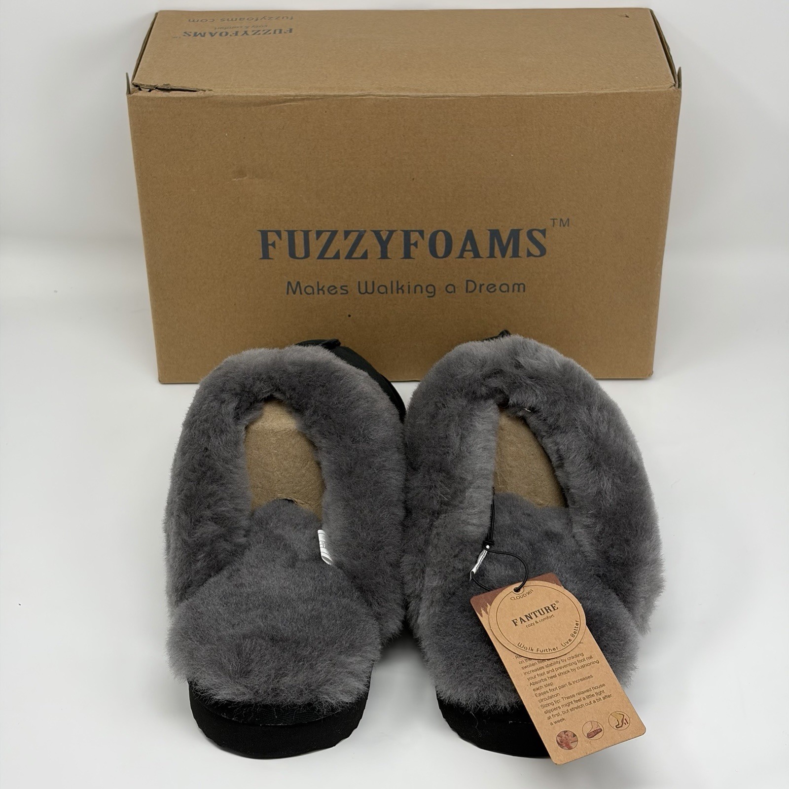 Fanture Cloud 901 Black Grey Sheepskin Memory Foam Slippers Women’s Size 11