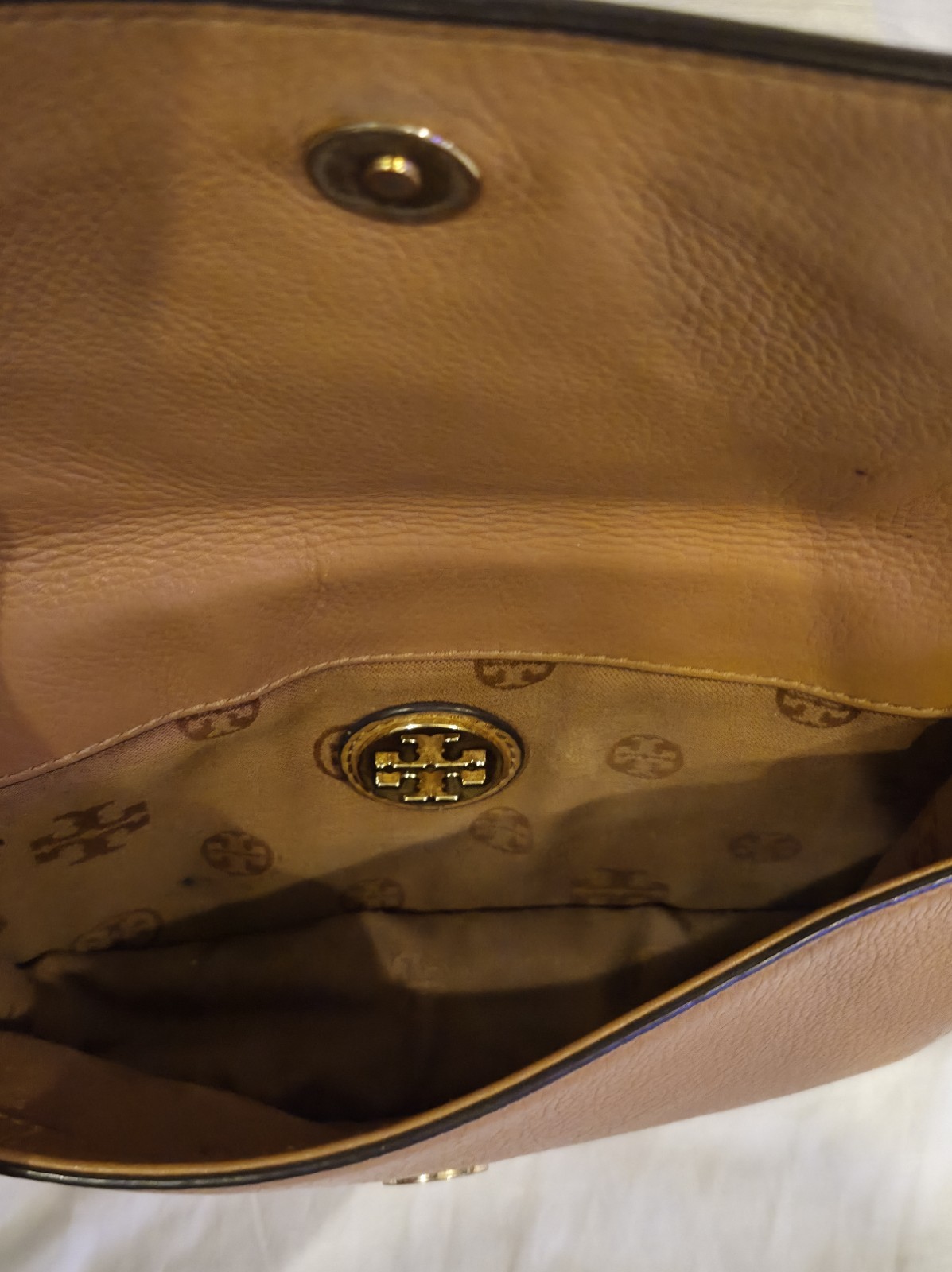 Tory Burch Brown Pebbled Crossbody Bag with Logo, Magnetic Closure, Gold