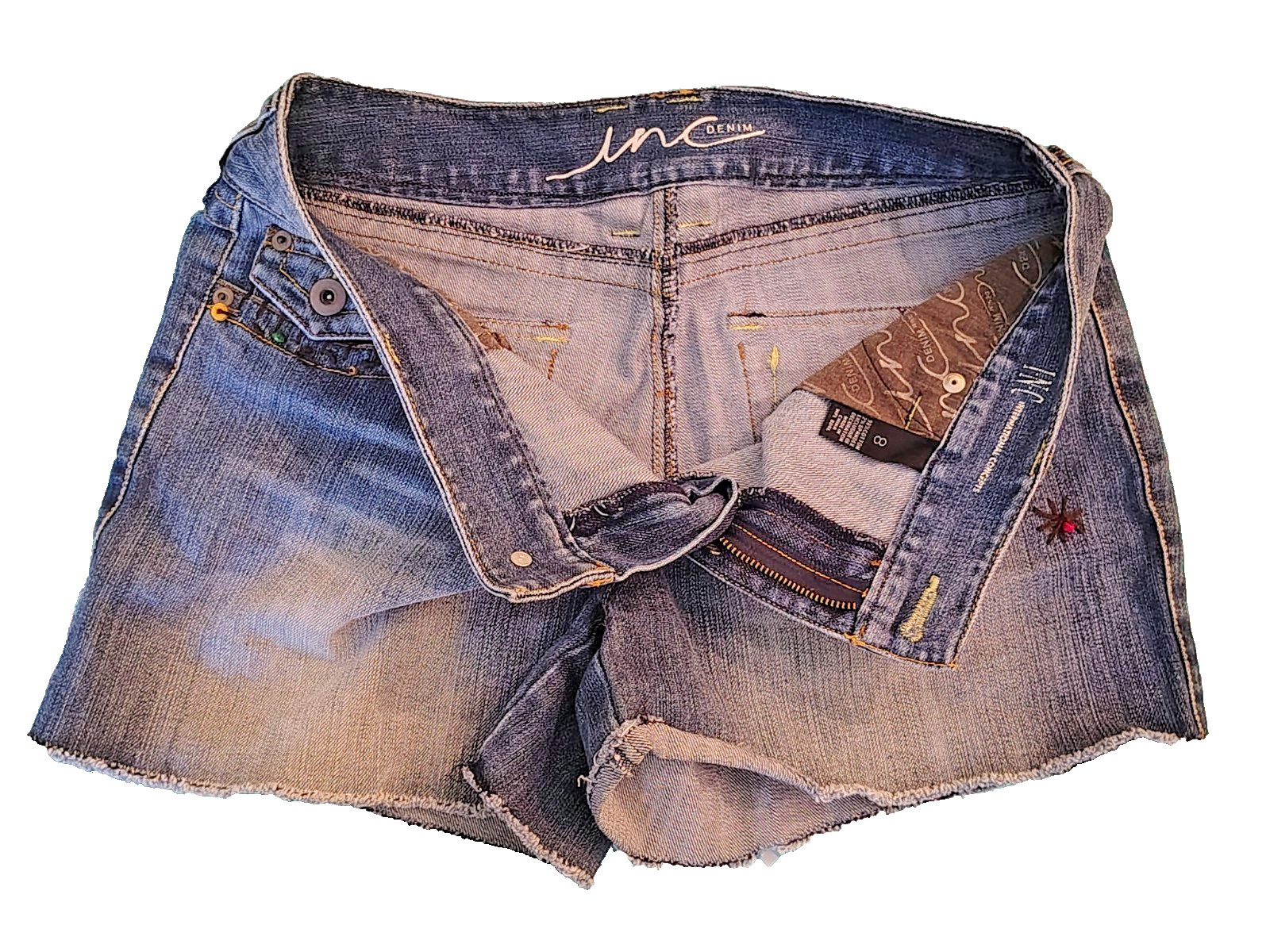 INC Denim Shorts 8 Embroidered Beaded Boho Festival NWOT MSRP $69