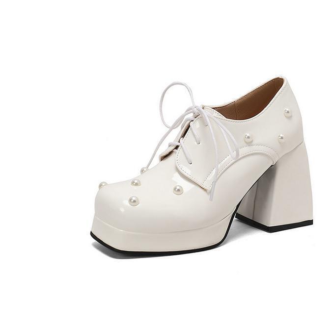 Women Square Toe Beaded Lace Up Pumps Candy Color Mary Jane Shoe Block Heel Pump