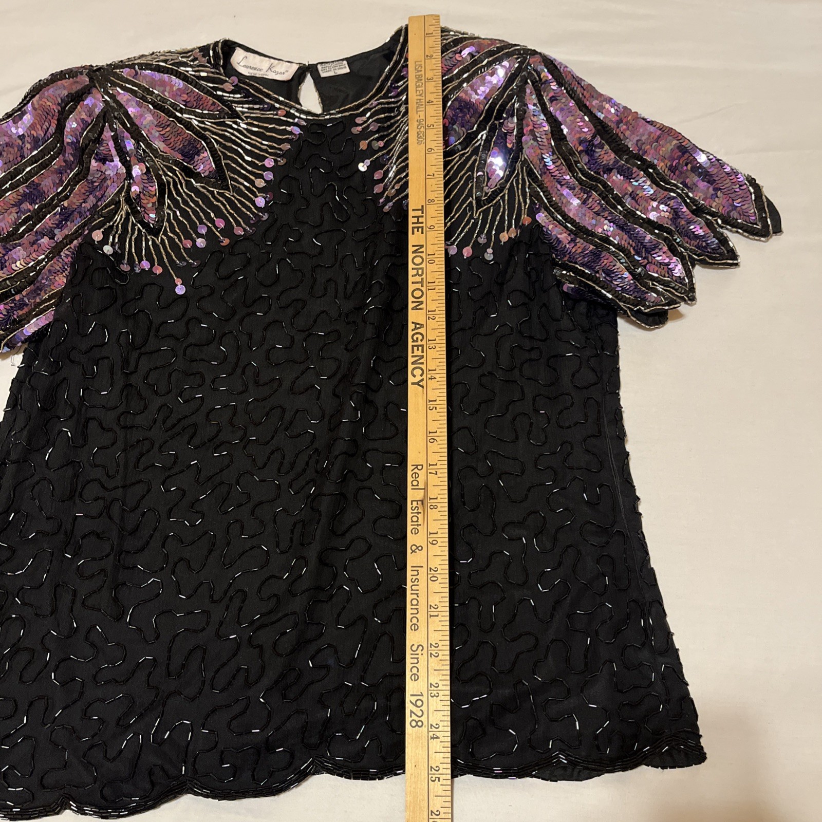 VINTAGE Laurence Kazar Women Blouse L Black Silk Beaded Sequin Wings 90s