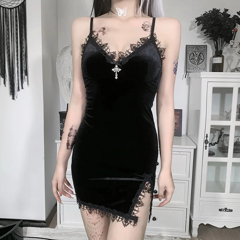 Black Mini Dress Vintage Sexy Spaghetti Strap Slit Dresses Goth Party Club Women