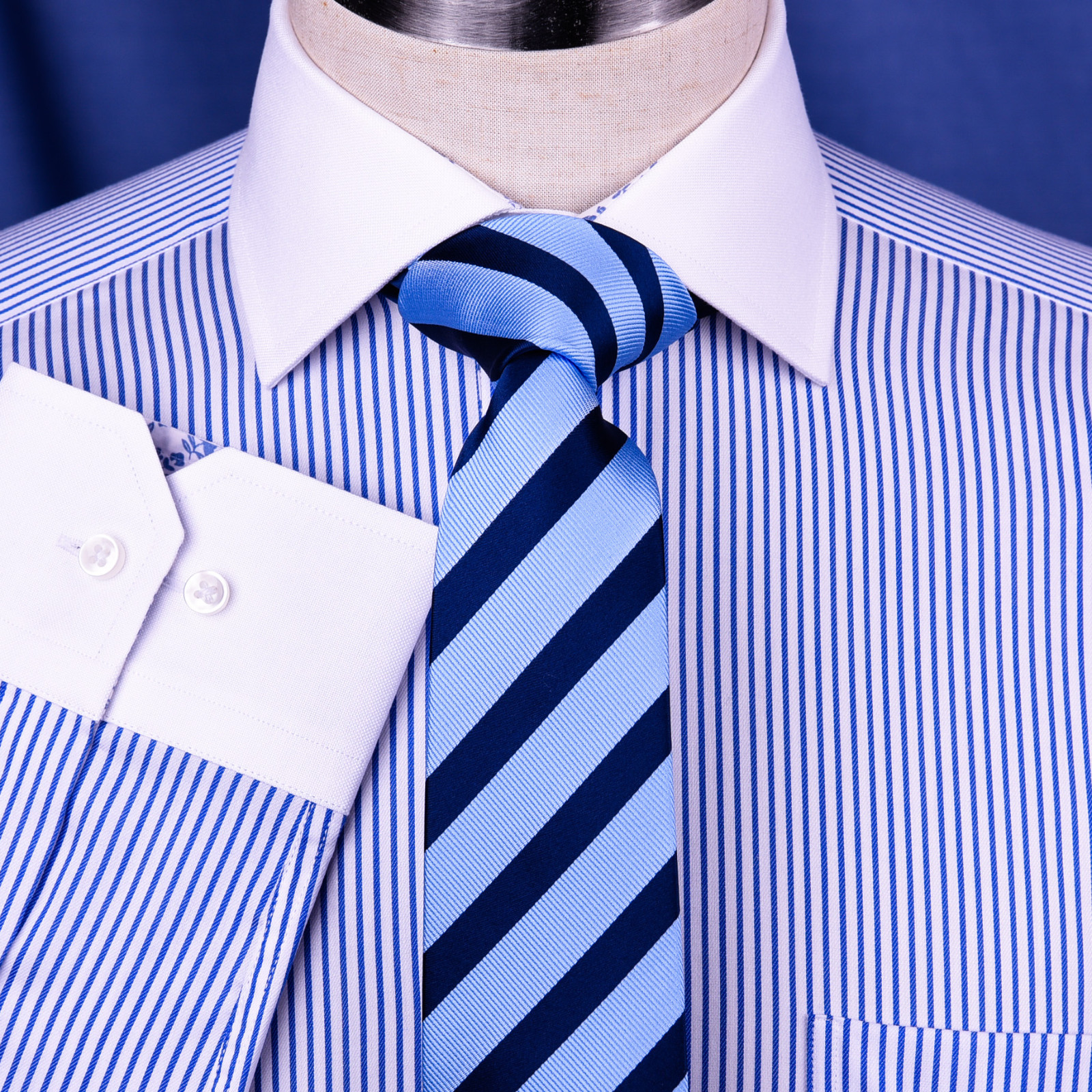 Bright Blue Striped Winchest Contrast Dress Shirt Standard Single Cuff Smart