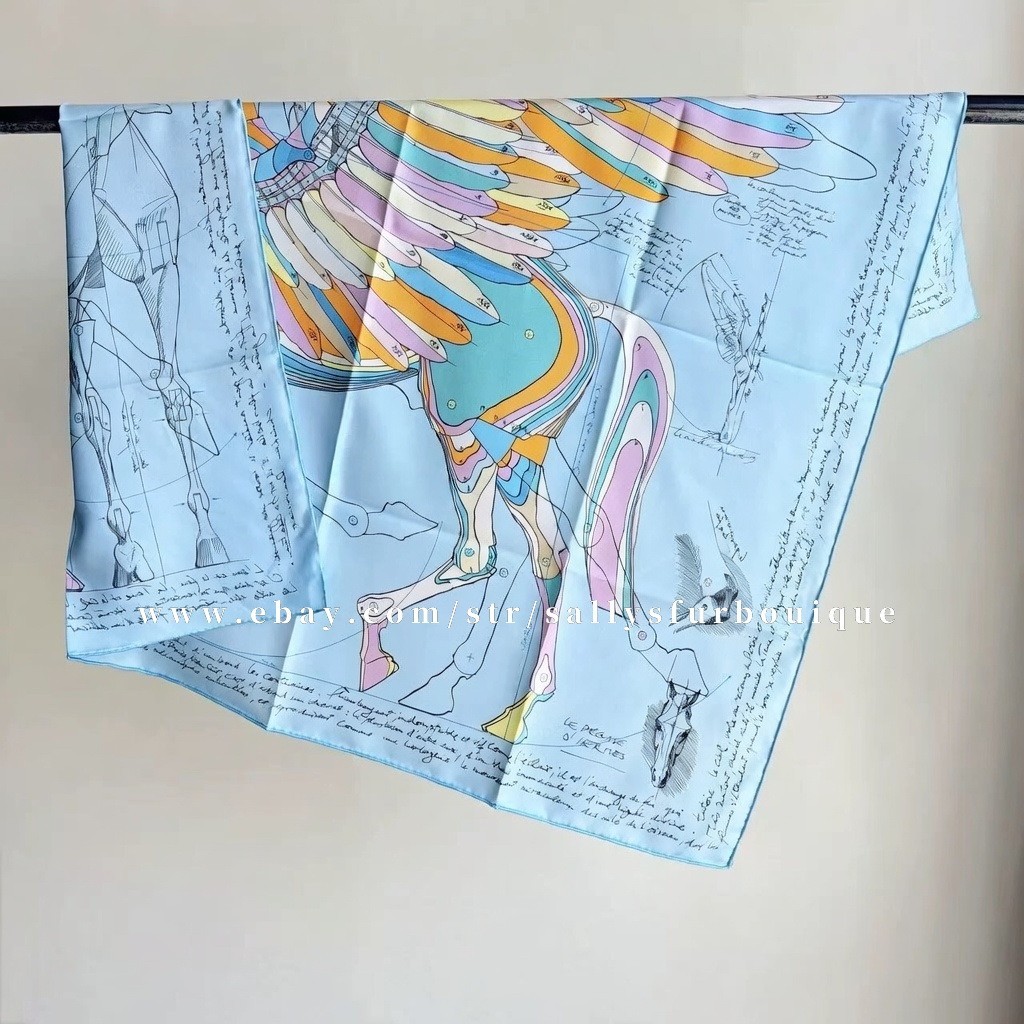 2026 Sallys 18 Momme Twill Silk Wrap Scarf Fly Horse Print Double Face Shawl 35″