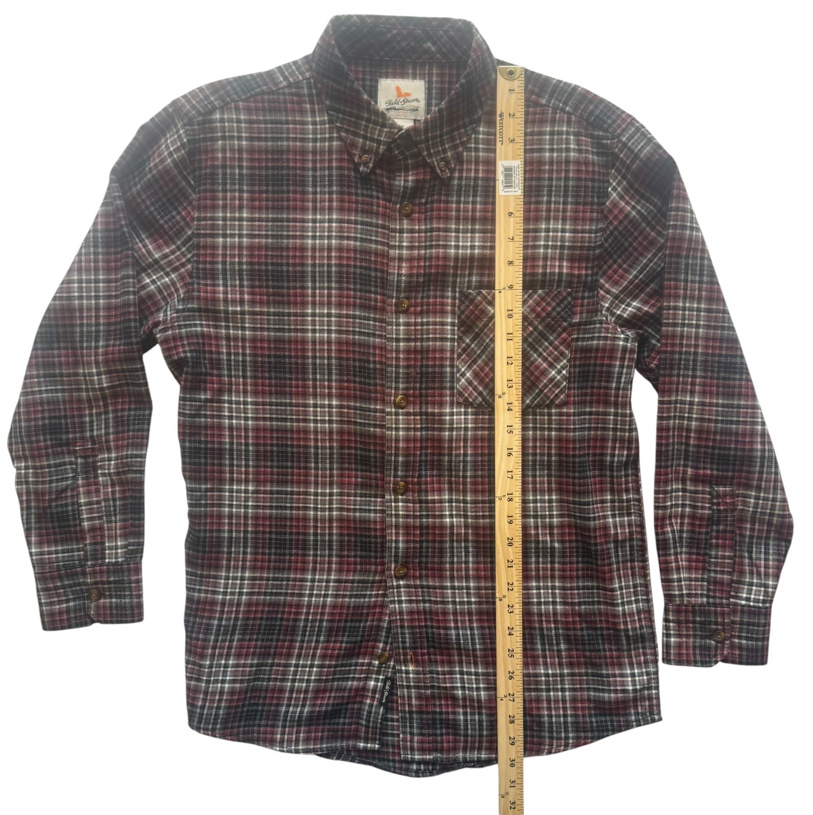 Field & Stream Men’s Plaid Flannel Button Front Shirt Medium Red Gray Black