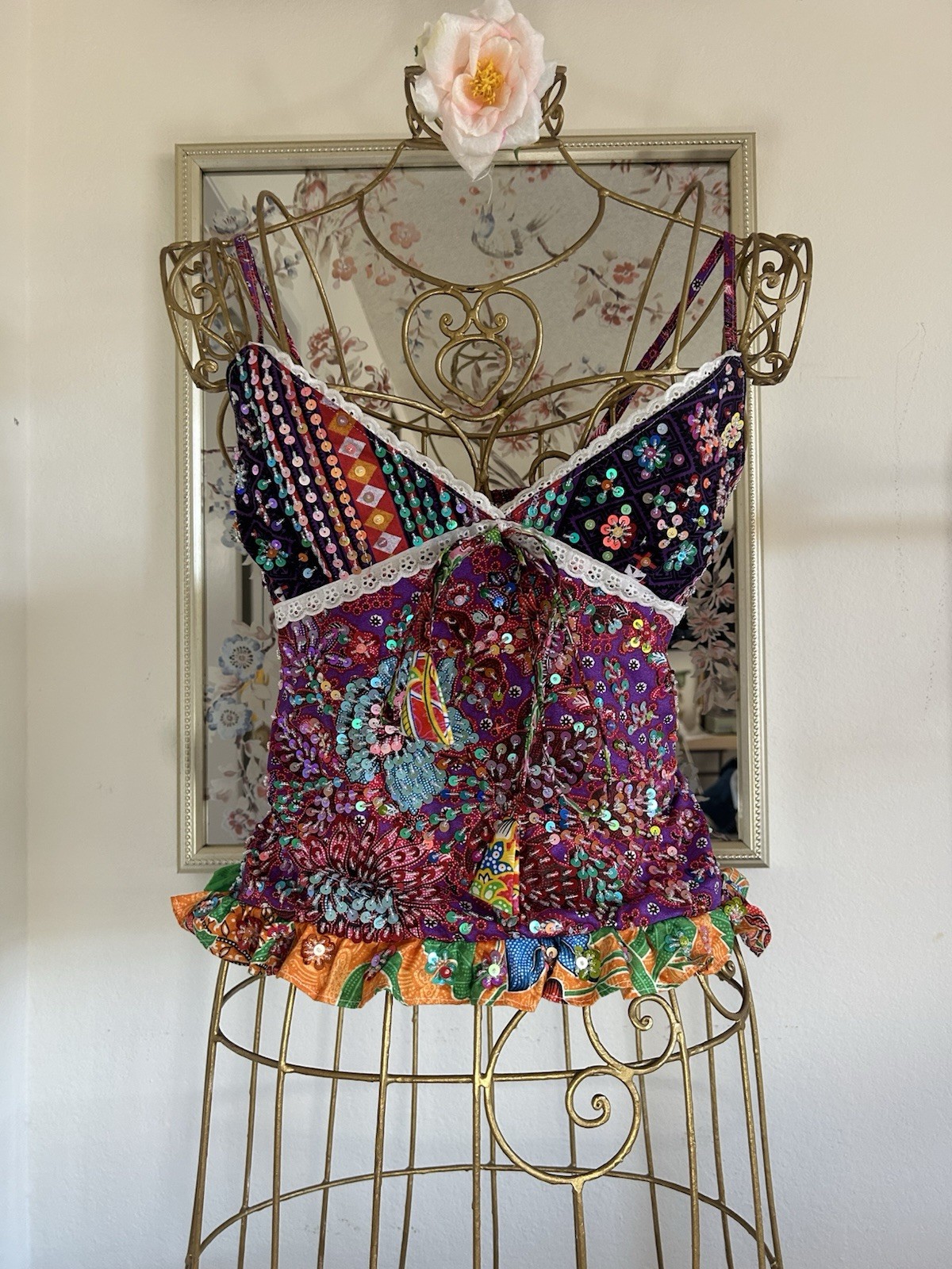 Women’s One Size Multicolor Floral 100% Cotton Sequin Camisole Hand Embroidered
