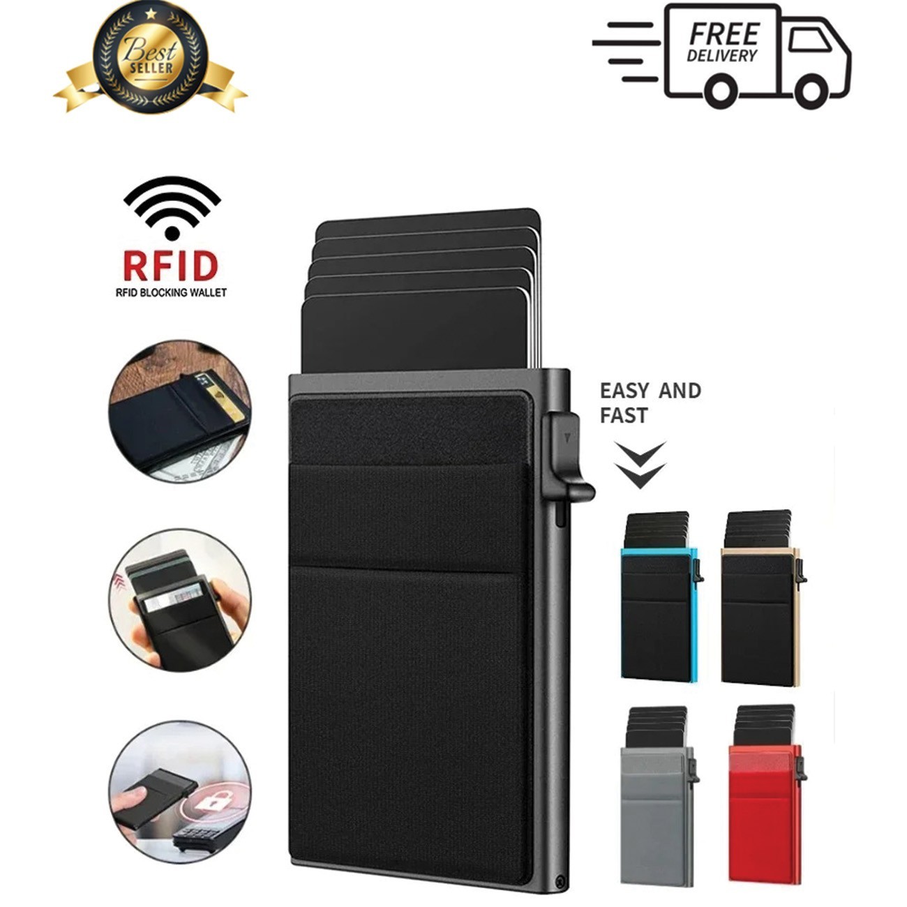 Mens RFID Blocking Wallet Slim Credit Card Holder Black Minimalist Auto Pop Up