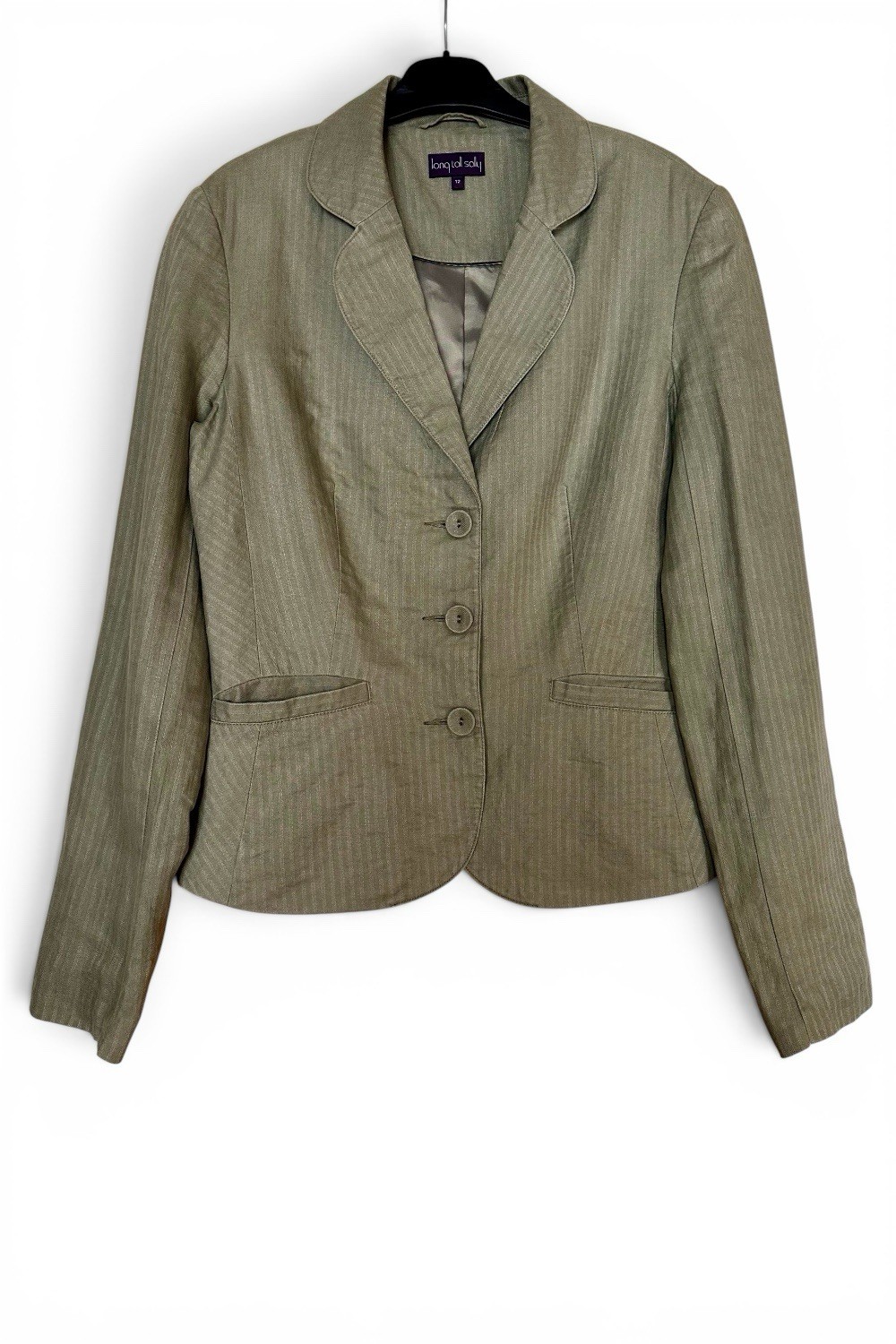Long Tall Sally Olive Green 100% Linen Pinstripe Blazer UK 12 VGC Fully Lined