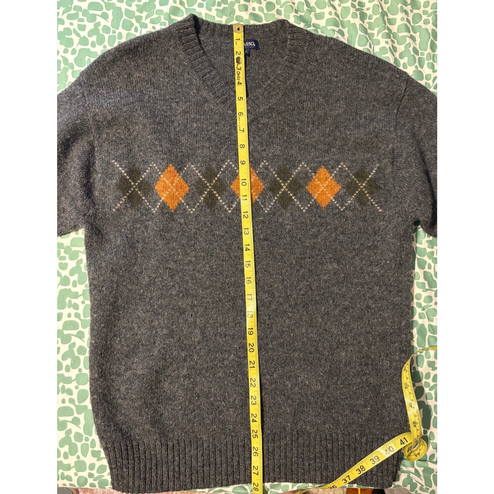 Vintage Tasso 100% Wool Argyle Sweater European Large Charcoal Grey Orange