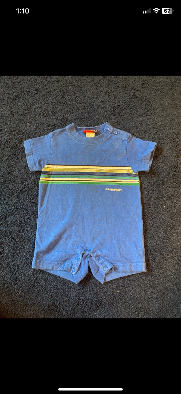 Vintage Gymboree Gym Sport Baby One-Piece Romper 6-12M Blue Striped Cotton Snap