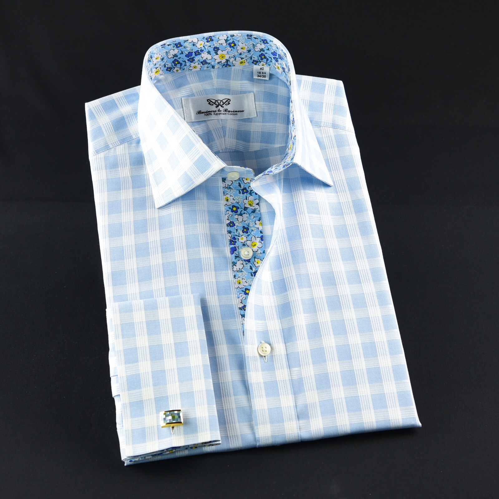 Blue Check Formal Business Dress Shirt Wih Cool Floral Inner Lining French Cuffs