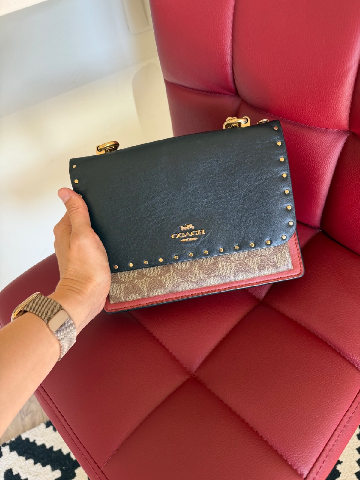 Coach Studded Signature Canvas Chain Crossbody / Shoulder Bag
