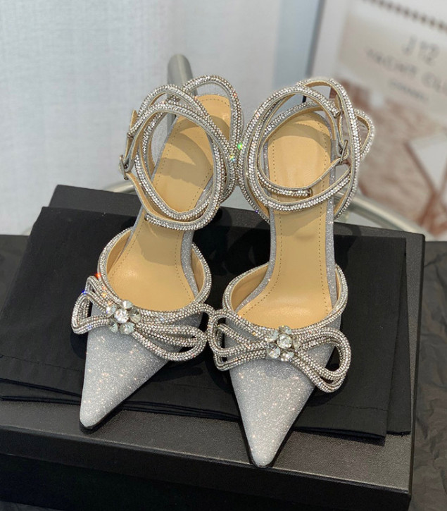 Women Rhinestone Ankle Strappy Pumps Bowknot Pointed Toe Stilettos Glitter Shoes
