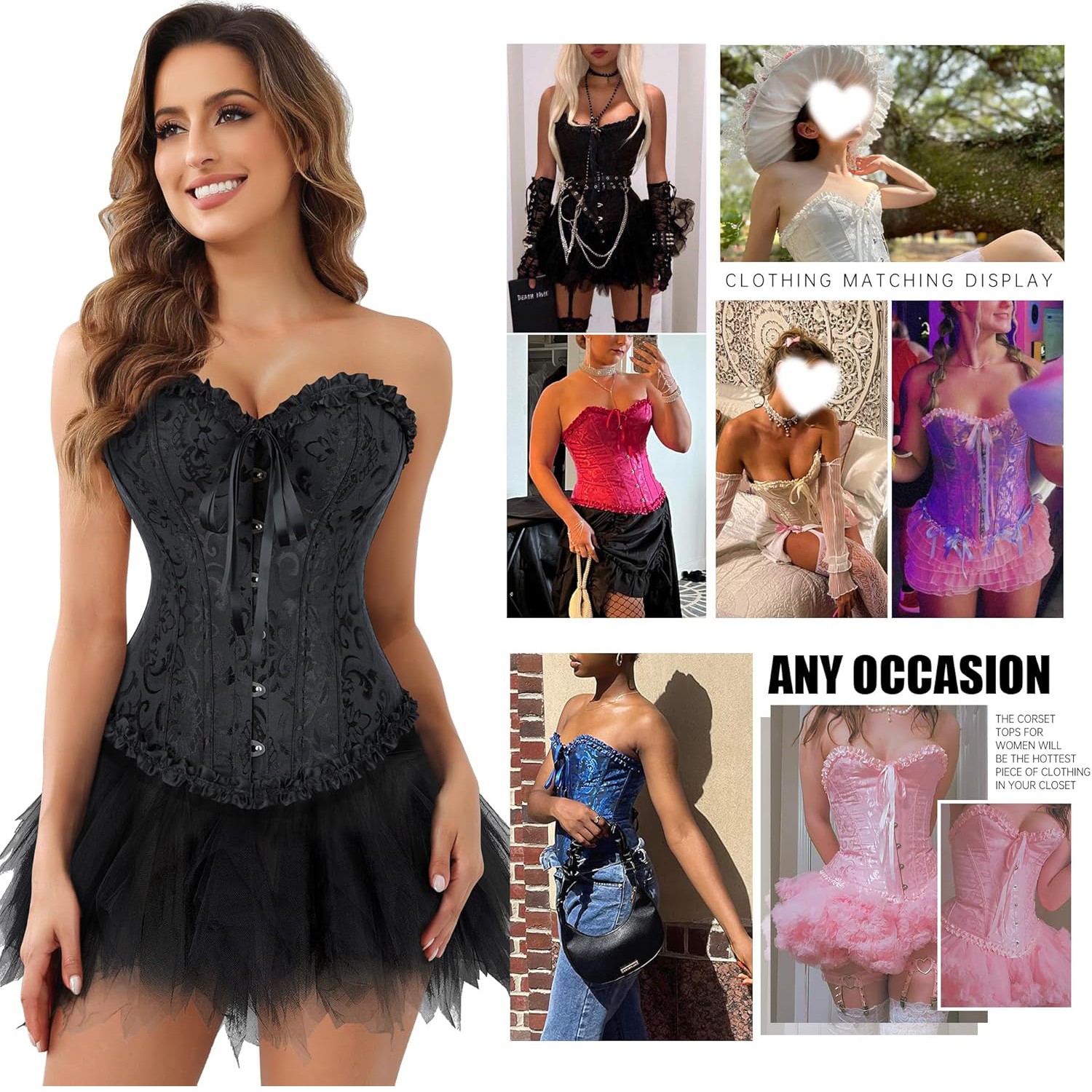 Women Lace-Up Overbust Boned Satin Corset Bustier Burlesque Lingerie Basque Tops