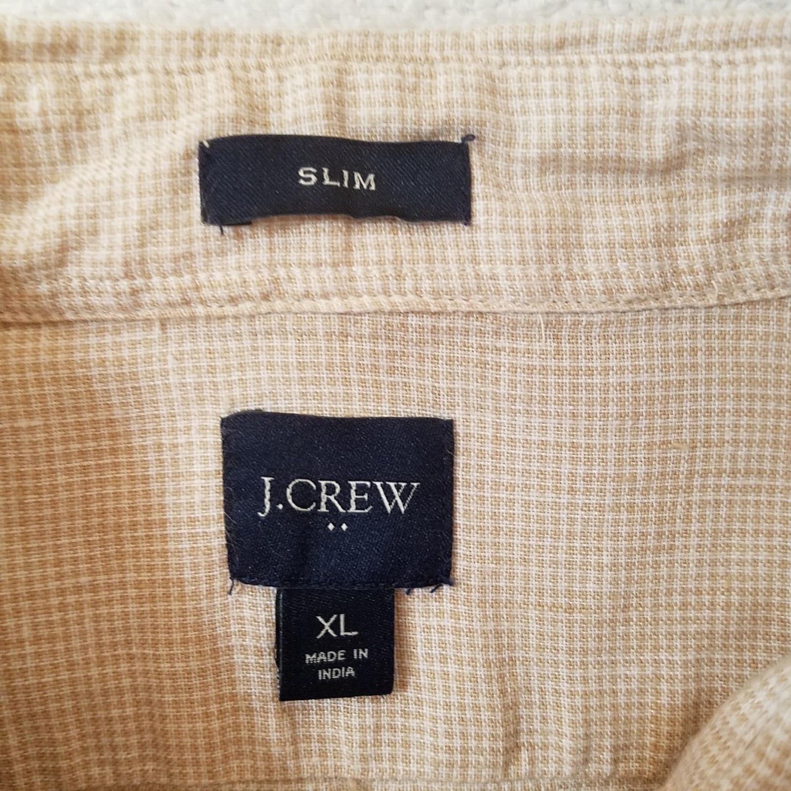 J Crew Mens Beige White Plaid Button Front Short Sleeve SLIM Shirt Size XL