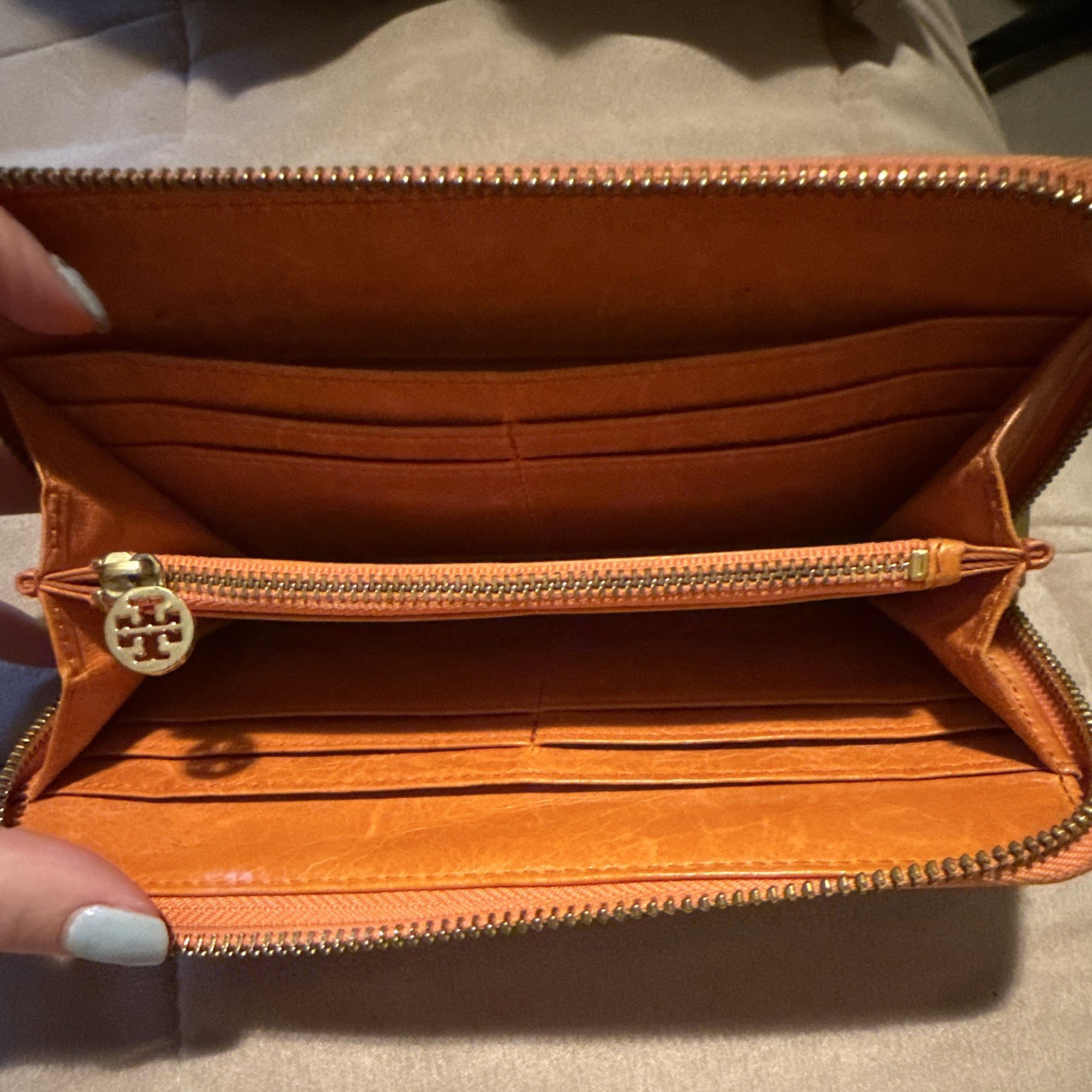 Tory Burch Women’s Orange Solid Zip-Around Wallet w/ Logo, Credit Card Slots