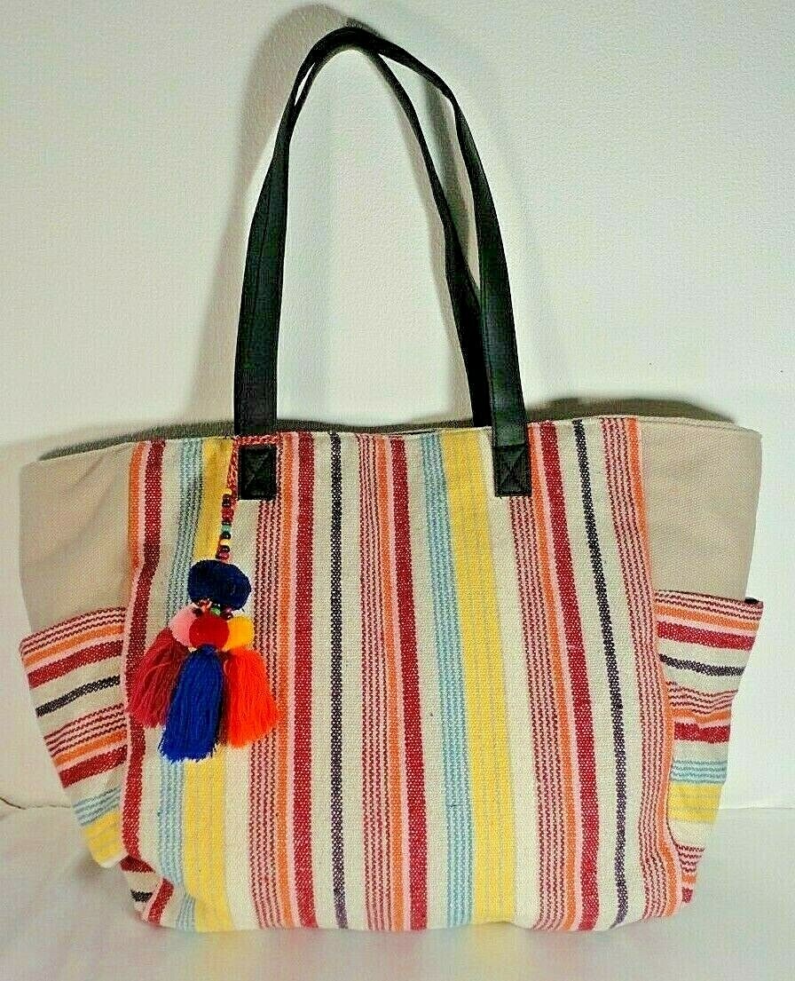 No Boundaries Caroline Multi Striped Boho Woven Cooler XL Tote Bag with Tassels