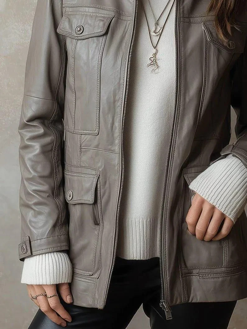 Womens Handmade Lambskin Leather Jacket: Taupe Gray Biker Style Leather Jacket
