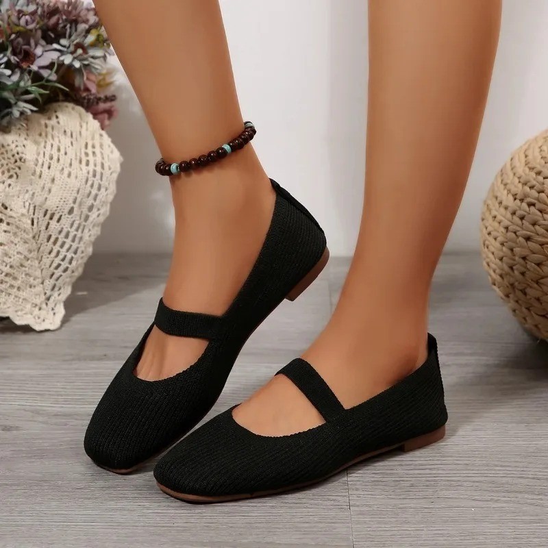 Women Knitted Ballet Flats Mary Jane Strap Shoes 2025 Anti Slip Casual Loafers