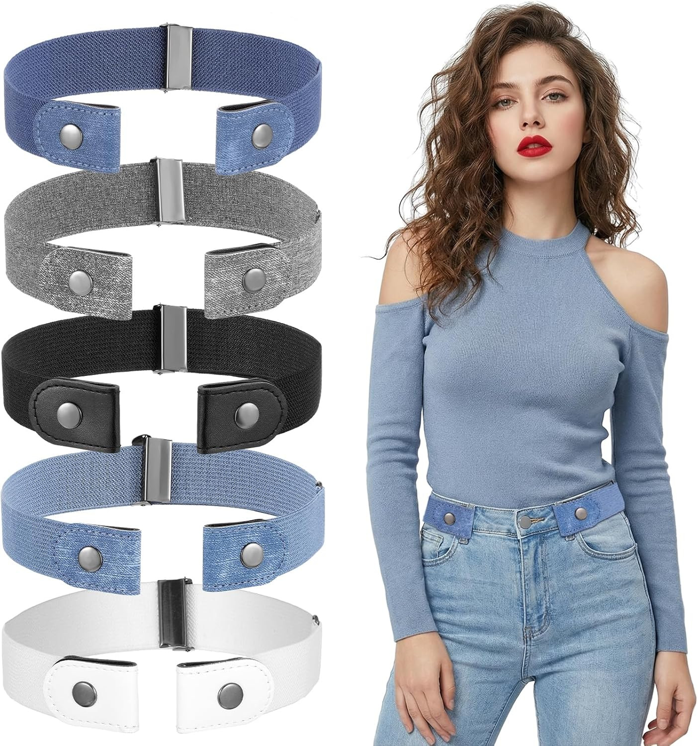 5Pcs No Buckle Stretch Belt for Women and Men Elastic Waist Belt, Comfortable